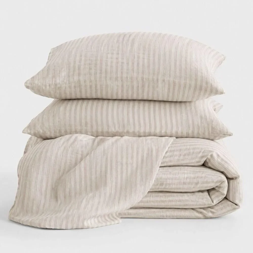 Quince Full Queen European Linen Duvet Cover SET Natural White Stripe RARE